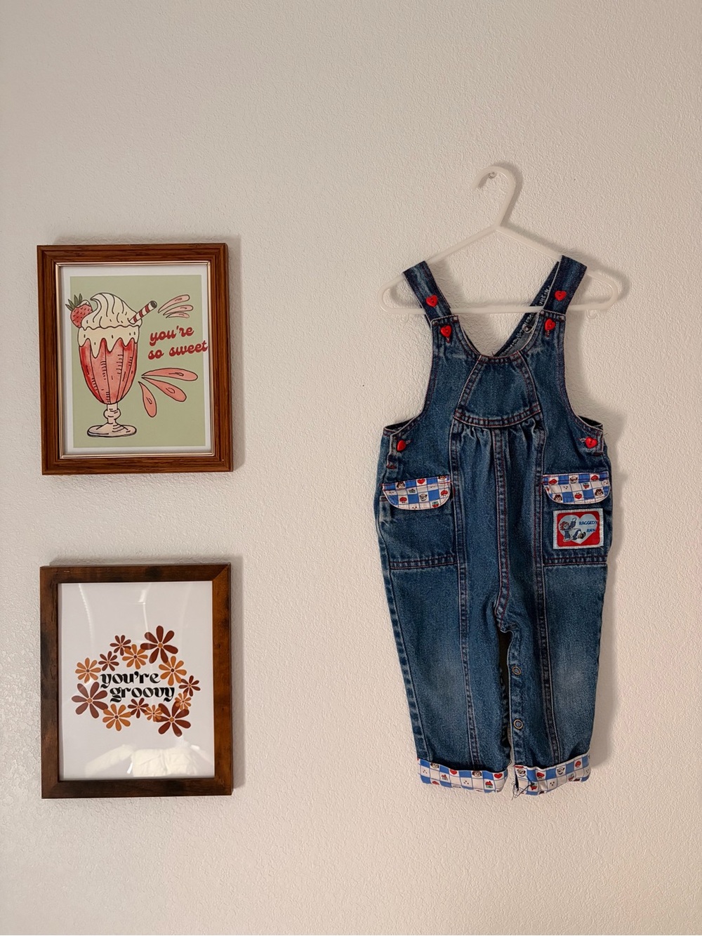 Vintage Raggedy Ann Denim Overalls 18M Heart Buttons Patch 80s 90s